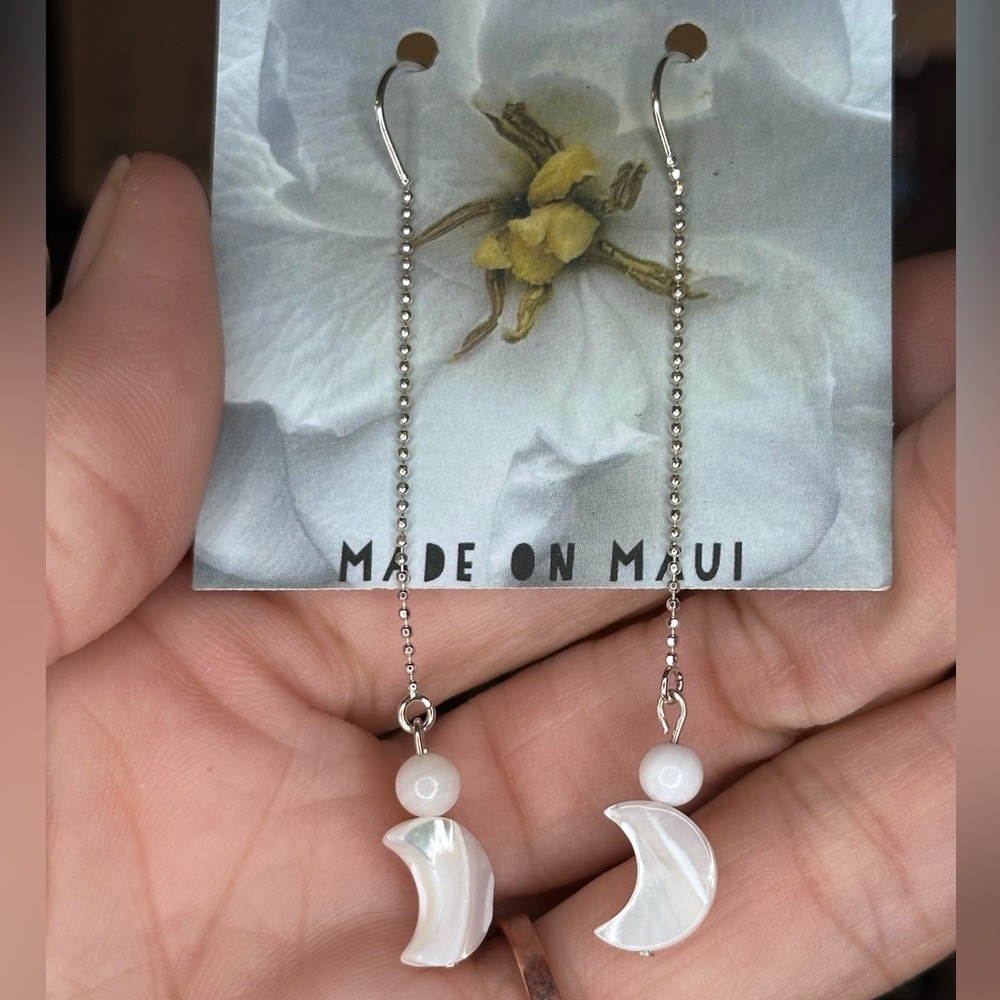 Handmade Mother of Pearl Crescent Moon Sterling Silver Chain Threader Earrings